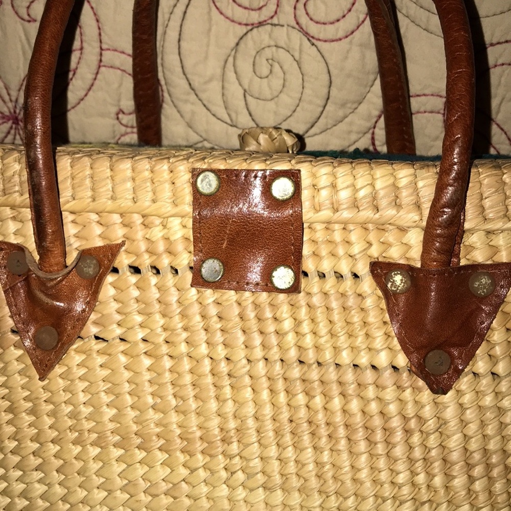 Vtg 1970s Handwoven Boho Straw Floral Handbag - Picture 12 of 14